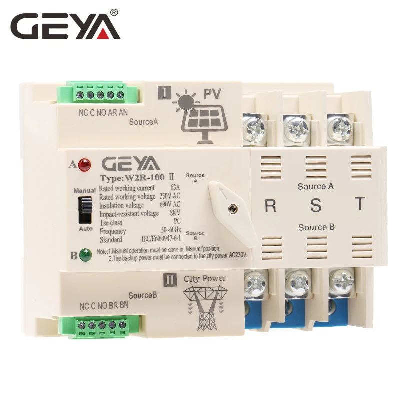 Новый автоматический переключатель питания GEYA Grid PV с Din рейкой 3P 63a AC220 в мини
