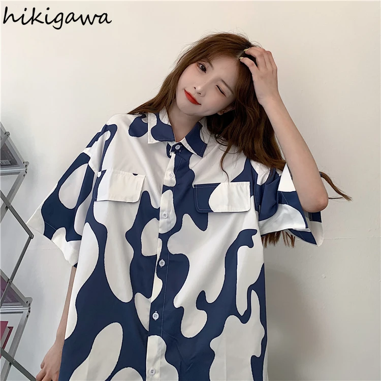

Hikigawa Korean Fashion Blouses Women Summer Thin Shirts Harajuku Streetwear Blouse Loose Casual Print Blusas Tops Mujer 96431