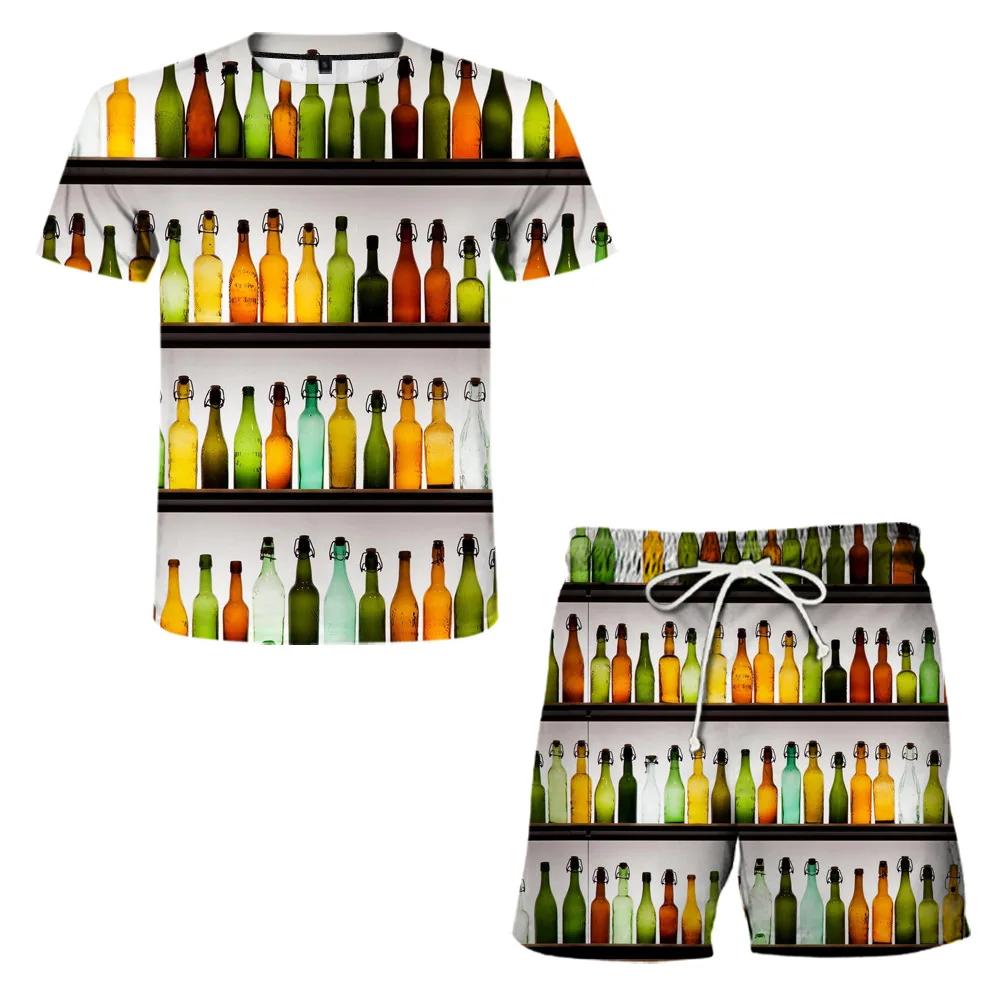 

Beer Drinks Printed Men's Set Beach Shorts Funny Novelty 3D Male Summer Fashion Casual T-shirt Vacation Short Trunks T-shirt