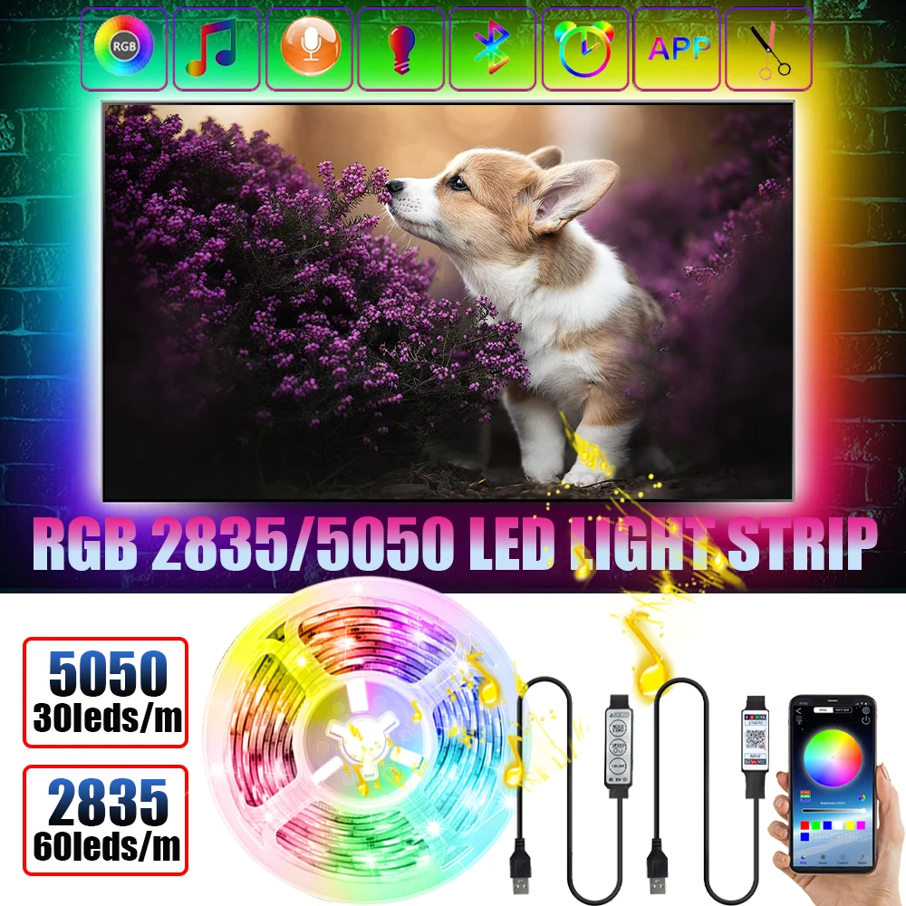 Светодиодная лента с управлением через приложение по Bluetooth RGB 2835 5050 5 В USB гибкое