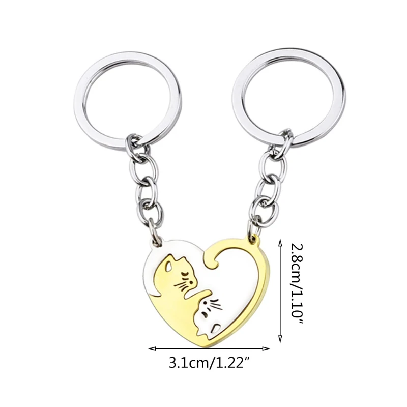 

2pc Heart Keyrings Gold Stainless Steel Ying Yang Cat Puzzle Piece Pendant Key Chain Ring for His and Hers Friendship