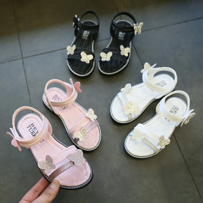 

Shoes for Kids Girls Pink Sandals Butterfly Pattern Rhinestone Fashion Princess Shoes Summer Toddler Girl Sandals Flat White