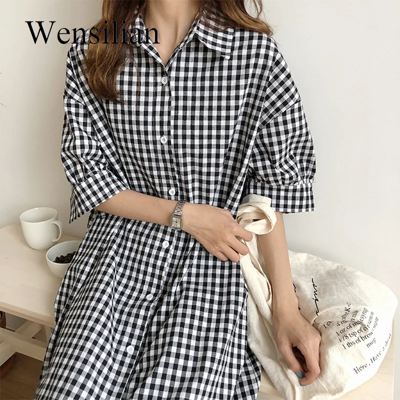 

Korean Style Fashion Loose Dress Women Summer Short Sleeve Shirt Turn Down Collar Oversize Outerwear Ladies Plaid Maxi Dress