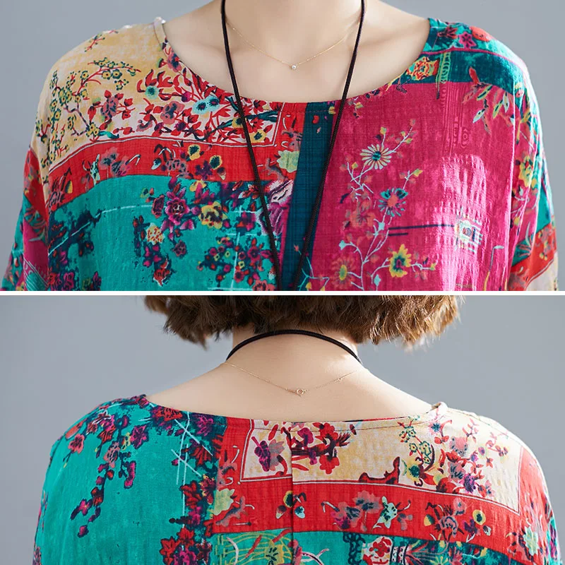 

New Arrival 2021 Summer Plus Size Plaid Floral Boho Beach Dress Fashion Women Dress O-Neck Patchwork Oversize Cotton Dresses