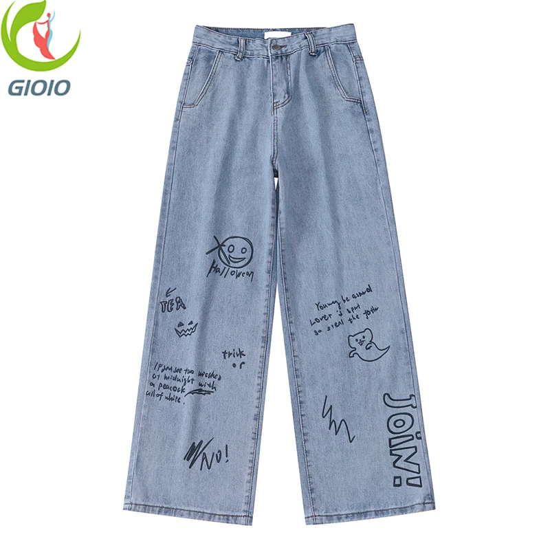 

Retro High Waist Graffiti Jeans Women Street Fashion Anime Cartoon Letter Printing Wide Leg Pants Loose Straight Jeans Female