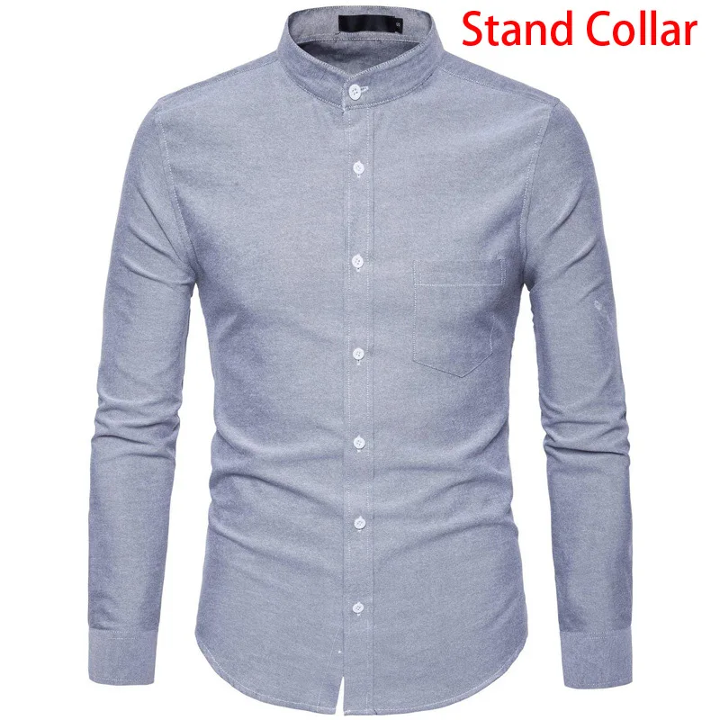 Gray Stand Collar Оксфордская Хлопковая мужская рубашка, весна, повседневная приталенная Мужская рубашка со стоячим воротником, одноцветная рубашка с длинным рукавом для мужчин, армейский зеленый цвет - Цвет: Gray Stand Collar