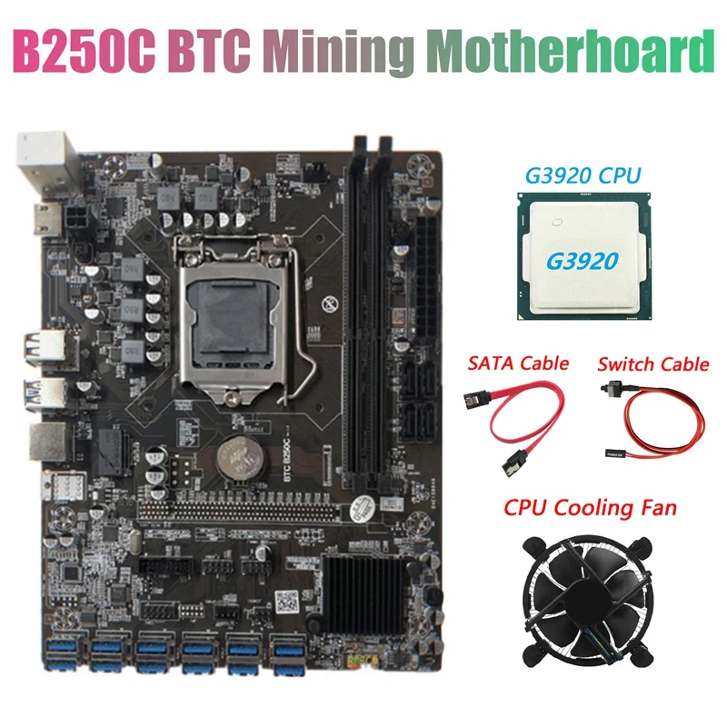 

B250C BTC Mining Motherboard with G3920 CPU+Fan+SATA Cable+Switch Cable 12XPCIE to USB3.0 GPU Slot Support DDR4 DIMM RAM