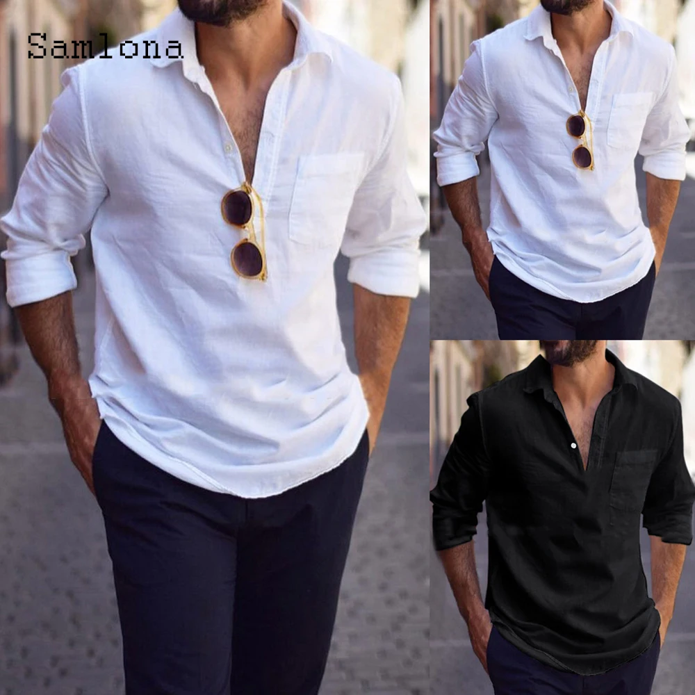 

Samlona Long Sleeve Turn-down Collar Shirt Sexy Men clothing 2021 New Fashion Top Streetwear Casual Pullovers Mens Blouse White