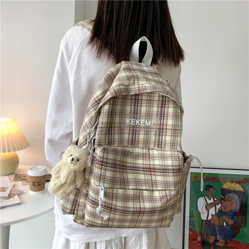 

Teen High School Bags for Girls Teenage Canvas Classic Plaid Backpack Women Bookbag Ulight Soft College Student Schoolbag Female