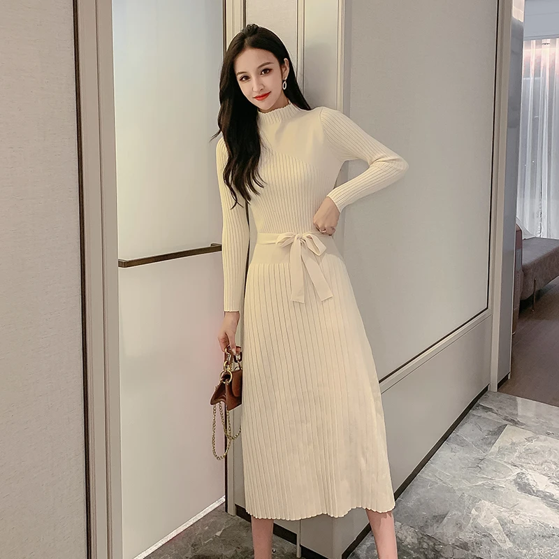 

Long Knit Women A Line Pleated Dress Elegant O-neck Women Pullover Sweater Dress Christmas Holiday Party Dress