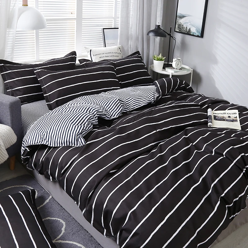 Reactive Printing Black Stripe King Size Bedding Set Autumn Winter Thickening Duvet Cover Simple 3-4 Pcs Bedclothes N98 | Дом и сад