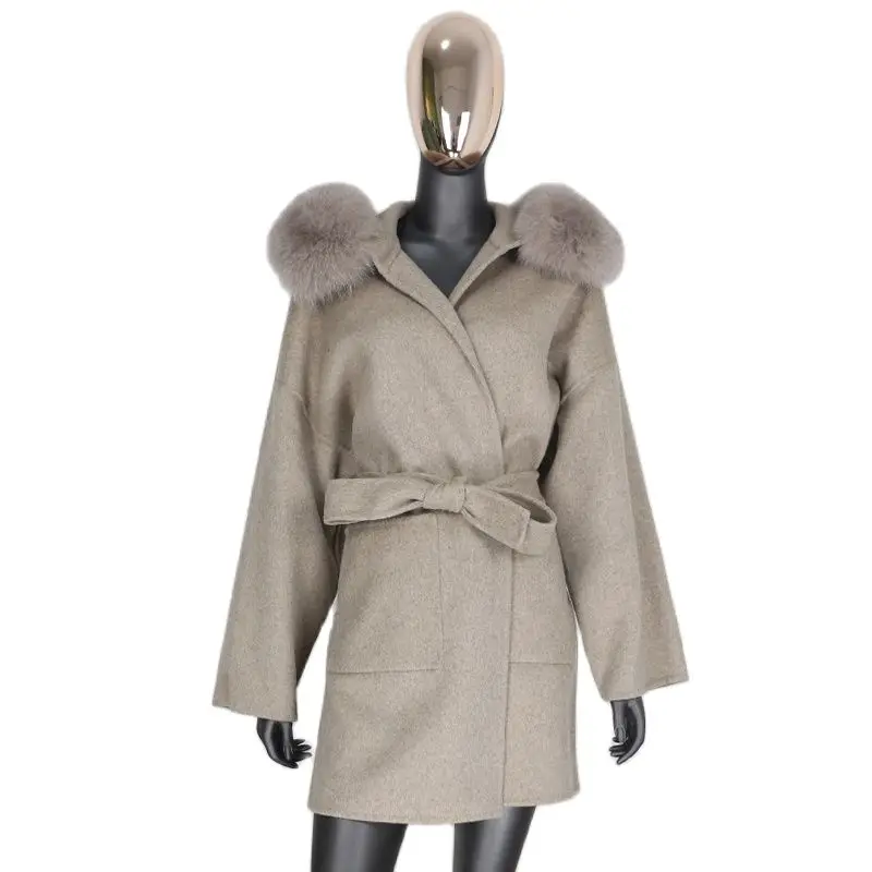 

Кашемировое шерстяное пальто FAKUNTN из натурального меха, зимняя куртка, женская верхняя одежда с воротником из натурального Лисьего меха и п...