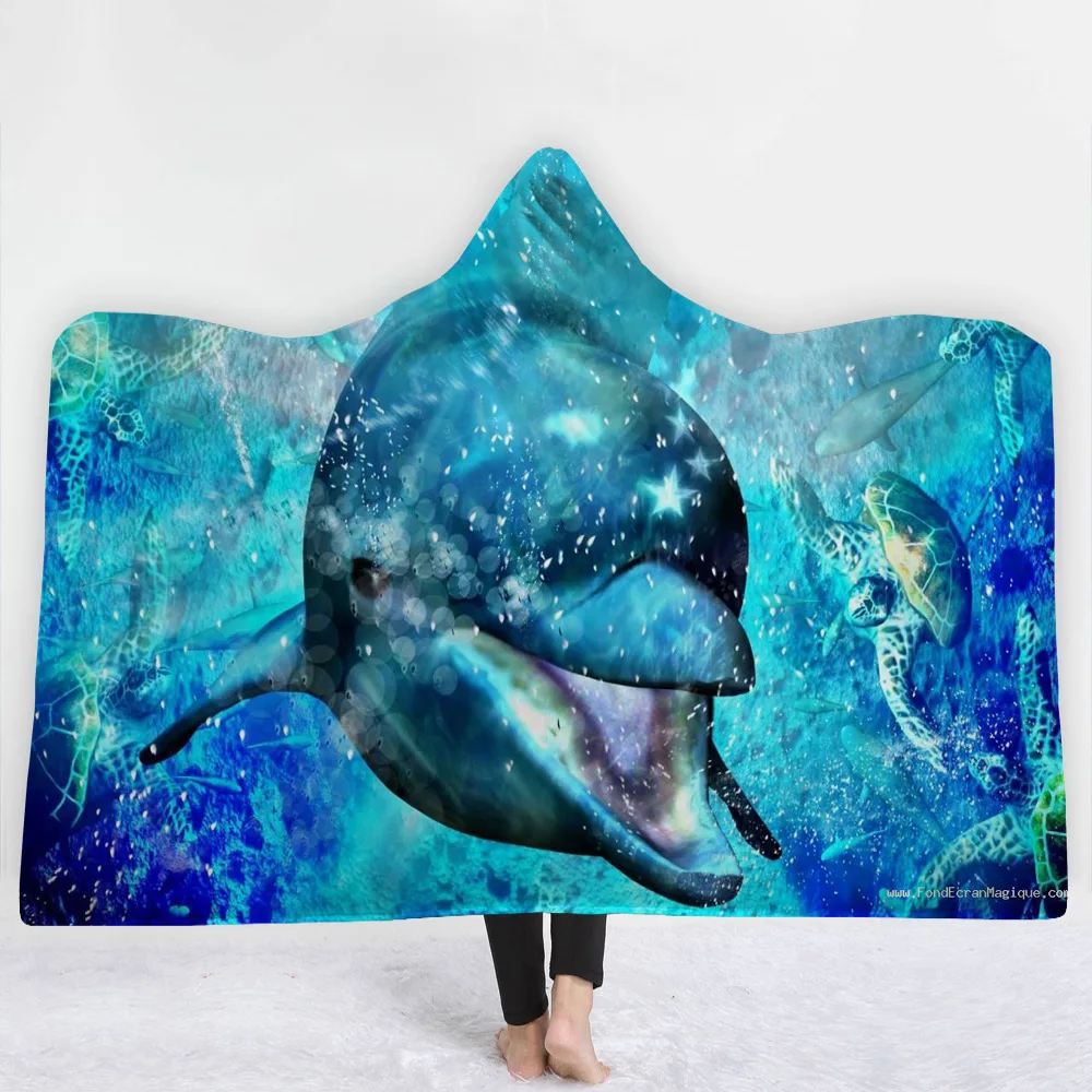 

Ocean World Fish Pattern Single Side Printed Flannel Hooded Cape Anti Pilling Super Soft Comfortable Office Nap Heating Blanket