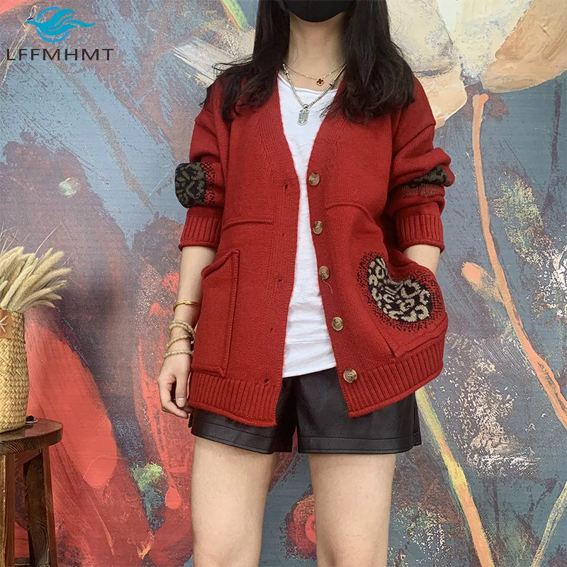 

Women Winter Fall Fashion Wool Knitted Cardigan Long Sleeve Pocket Embroidery Single Breasted Vintage Casual Loose Chic Knitwear