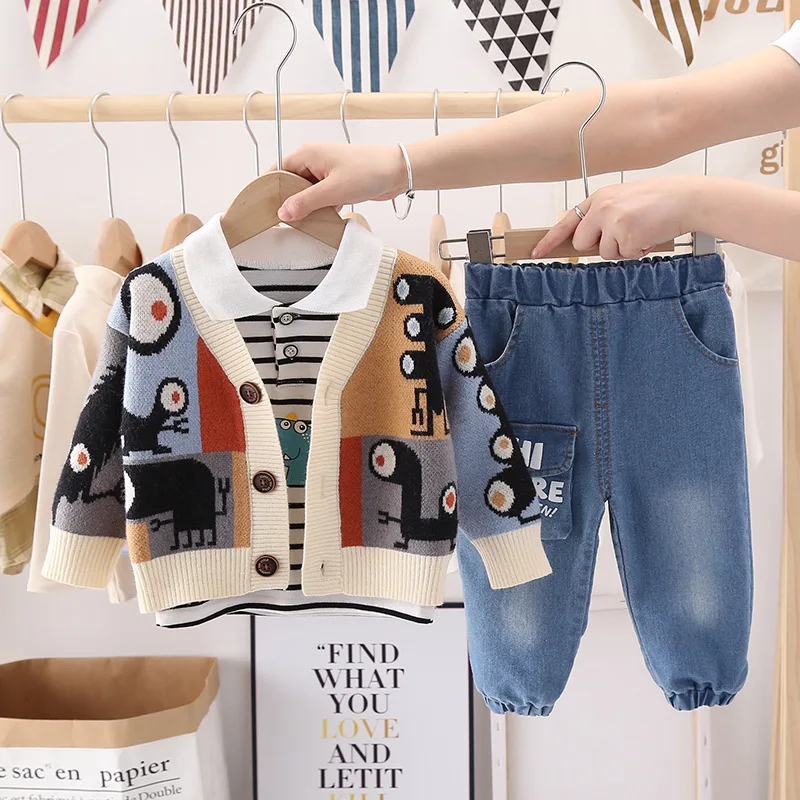 

2021 Autumn New Children's Clothing Little Boy Long-sleeve Dinosaur Bottoming Shirt Knit Cardigan Denim Pants 3 Piece Suit 1-4Y