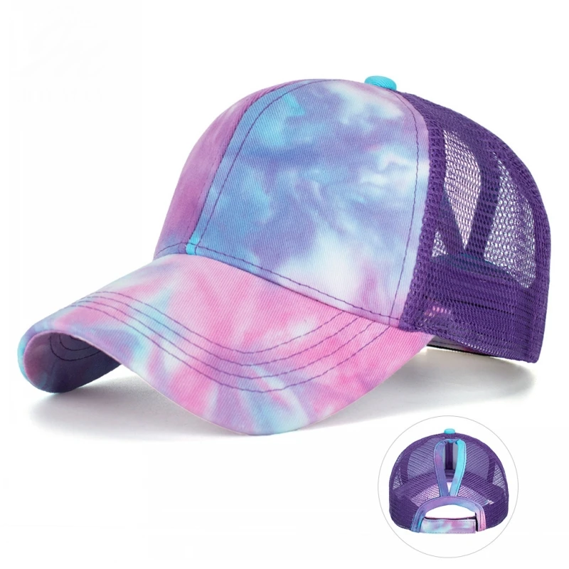 

Spring Summer New Tie-dye Ponytail Candy Colors Mesh Cap baseball cap peaked cap Women Sun Hat