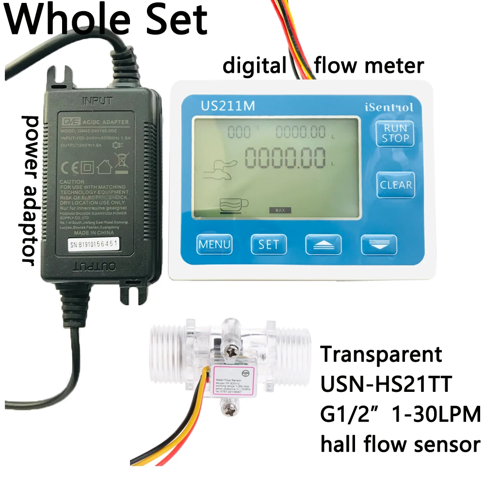 

US211M Digital Flow Meter Totalizer Flow Measurement with Nylon Water Flow Sensor USN-HS21TT G1/2" Turbine Flowmeter iSentro