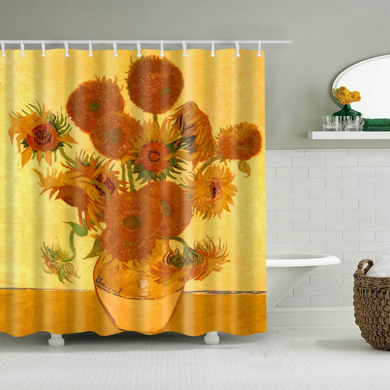 

Beautiful Sunflowers Shower Curtain Set with 12 Hooks Natural Plants Bathroom Decoration Washable Polyester Fabric