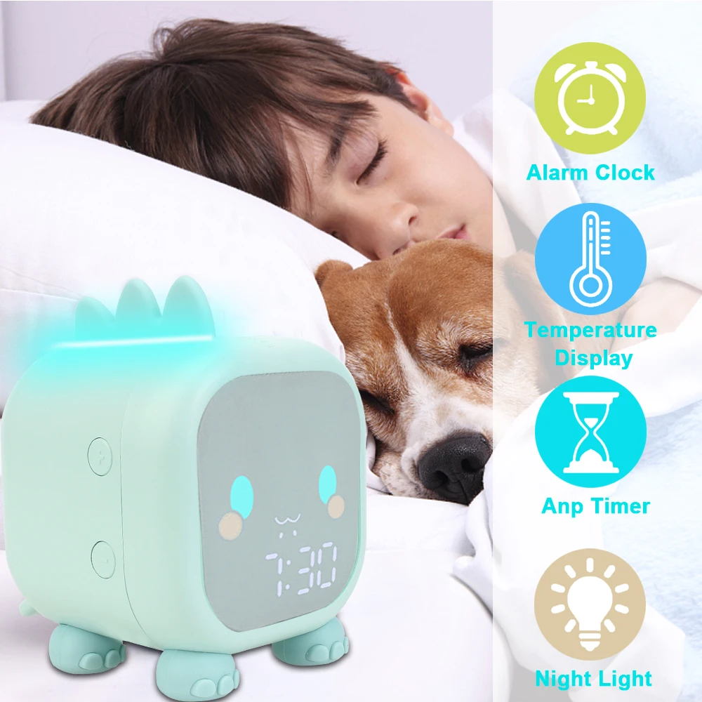 

Cute Dinosaur Kids Alarm Clock With Voice Control Temperature Display Digital Children's Sleep Trainier Bedside LED Clock