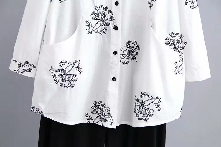 Женская хлопковая блузка с вышивкой и воротником стойкой повседневная