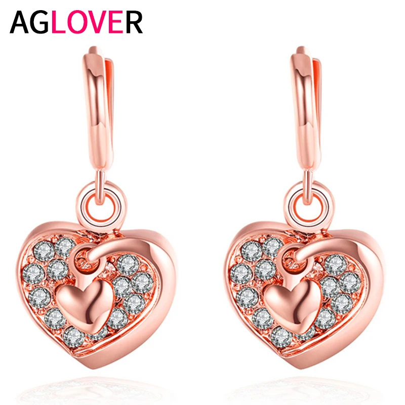 

AGLOVER S925 Sterling Silver Earrings Fine Zircon 2.9cm Heart-shaped Rose Gold Earrings For Women Wedding Jewelry Birthday Gift