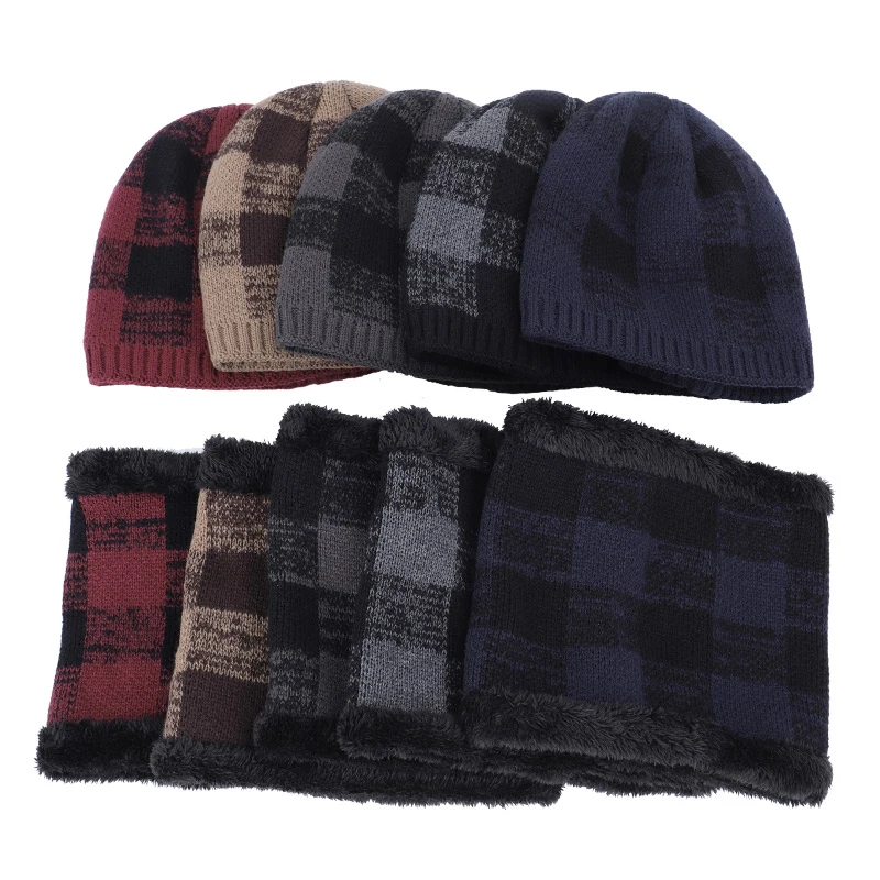 Fashion Plaid Men's Hat Scarf 2 Piece Set Winter Warm and Women's Cotton Cap Bib Plus Velvet Peas |