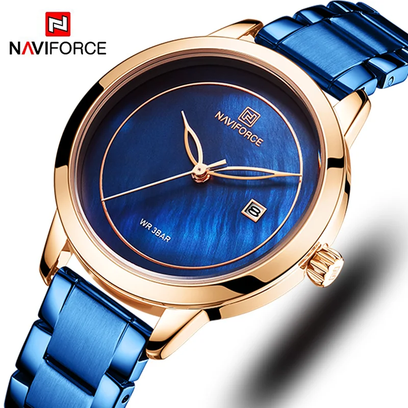 Женские кварцевые часы Naviforce из нержавеющей стали синего цвета|feminino|feminino relogio |