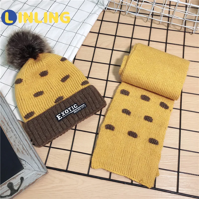 

LINLING 2PCS Winter Warm Plush Children's Wool Hat Scarf Girls Knit Hat Custom Scarf Bib Hat Two Piece Suit Warm Wool Hat V620