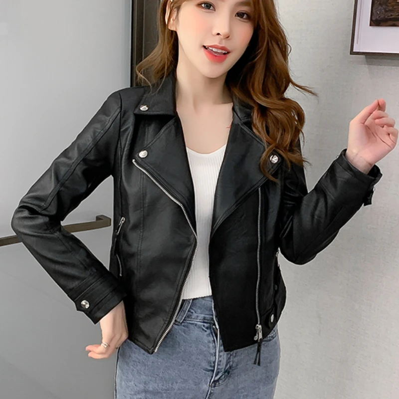 

Casual Short leather Women Autumn Winter 2021 New Pu leather Jacket slim Motorcycle zipper Long Sleeve Women Jackets Coat 92H