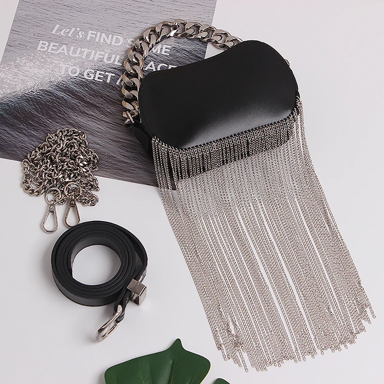 

Luxury Long Metal Chain Tassel Women Fanny Packs Oval Waist Bags Black PU Leather Waist Belt Phone Packs Crossbody Shoulder Bag