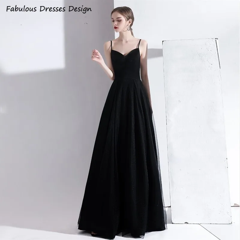 

Black Spaghetti Strap Prom Dresses Long Sweetheart Tulle A Line Backless Evening Dress Women Party Night 2021 Vestido De Fiesta