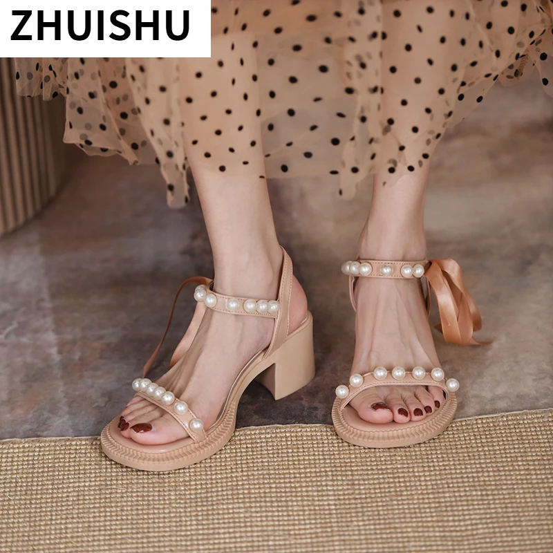

Shoes for Women Clear Heels 2021 Summer Suit Female Beige Med New Fashion Comfortable High Heel Lace-up Pearl Women's Sandals