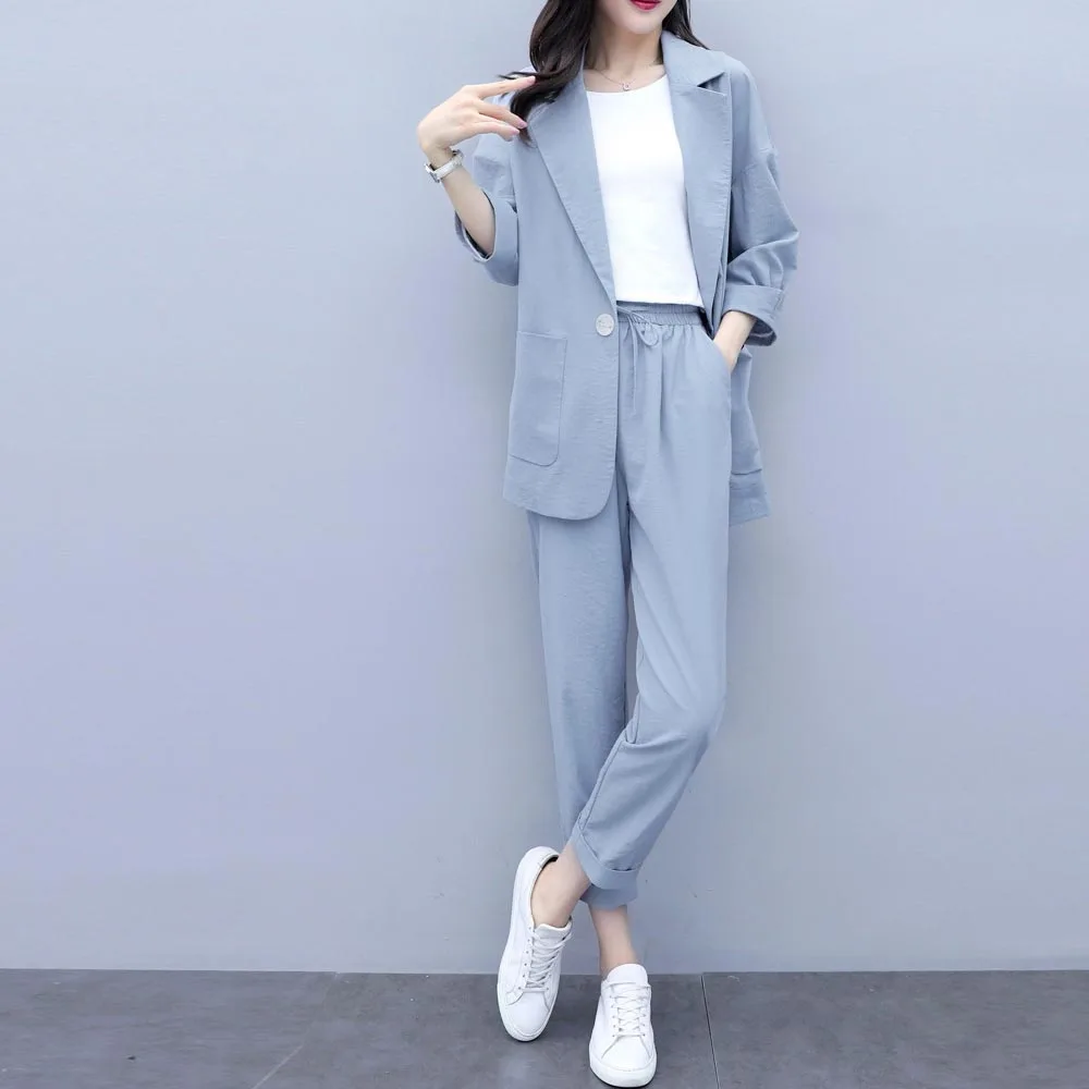 

Autumn Wnter Korean Fashion Foose Casual 3/4 Sleeves Jacket Coat Wide-leg Pants Women Two-piece Set Conjuntos De Mujer