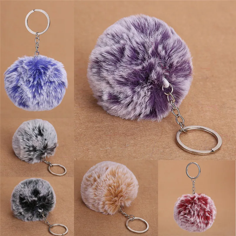 

8cm 1 ball 2 colors Frost white fur pom pom ball keychain Women bag key chains pompon porte clef pompom de fourrure