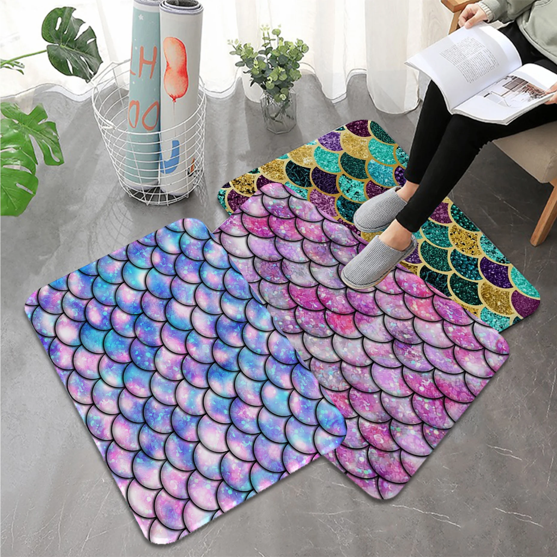 

Pink and Blue Glitter Fish Scales Kitchen Mat Bedroom Living Room Carpet Entrance Doormat Home Hallway Floor Mat Bathroom Rug