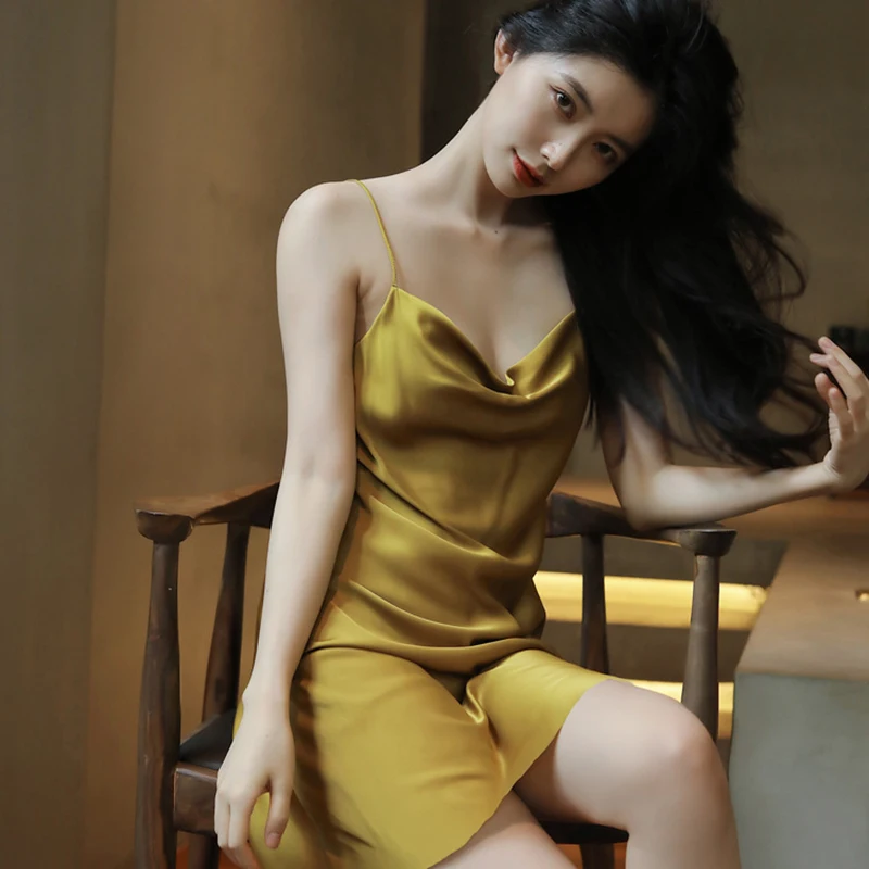 SR120 Summer Sexy Sleepwear Silk Satin Nightdress Women's Nightgowns Sweet Lace Sleep Dress Nighty Sling Skirt Soft Homewear
