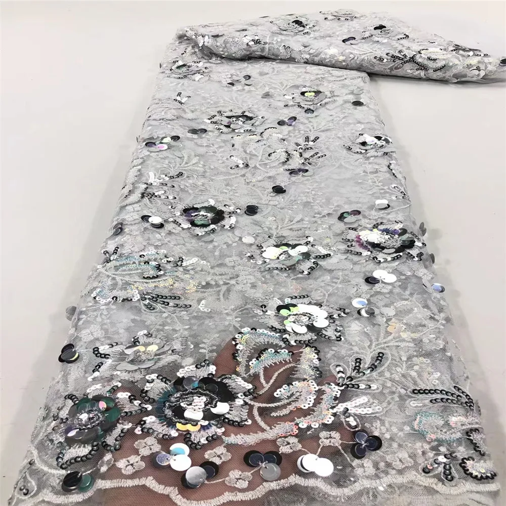 

African Lace Fabric With Sequins Nigerian French Lace Fabrics 2021 High Quality Lace Sequined For Wedding Dress Sewing rof-200