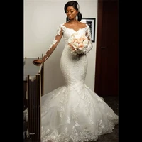 2020 fashion african mermaid wedding dresses full sleeve lace applique bridal gowns illusion back bridal dress robe de soiree