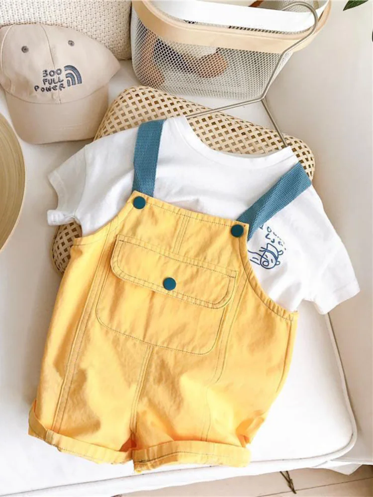 

Unisex Kids Overalls Summer New 2021 Solid Denim Pocket Loose Wide Leg Shorts Girl Children Clothing Top Quality