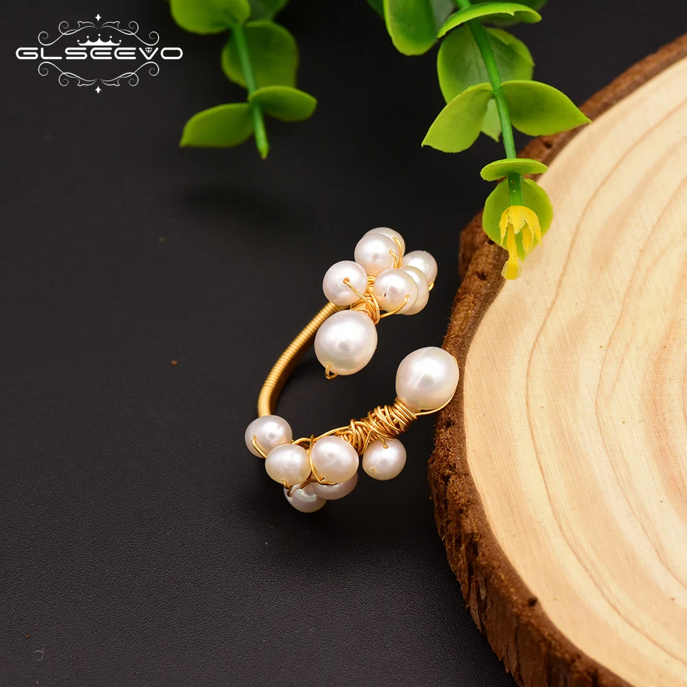 

GLSEEVO Natural Fresh Water Baroque White Pearl Adjustable Open Rings For Women Handmade Wedding Finger Ring Jewelry GR0190