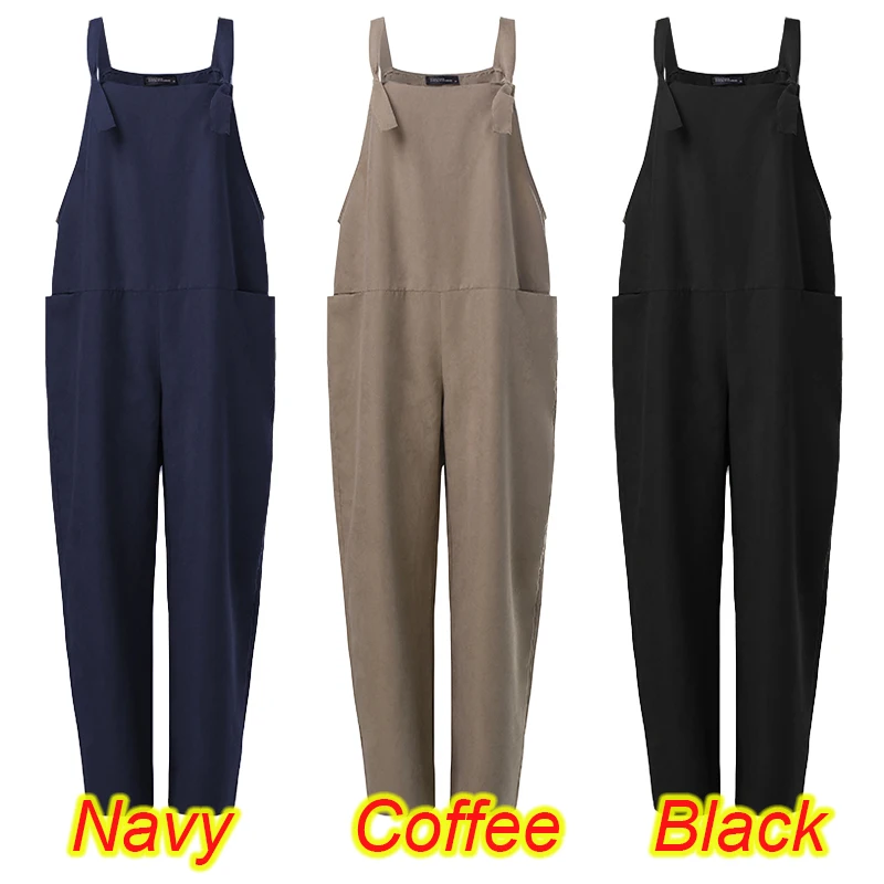 Women's Dungarees Jumpsuits ZANZEA 2021 Vintage Suspender Summer Overalls Wide Leg Pants Female Solid Rompers Playsuits Oversize