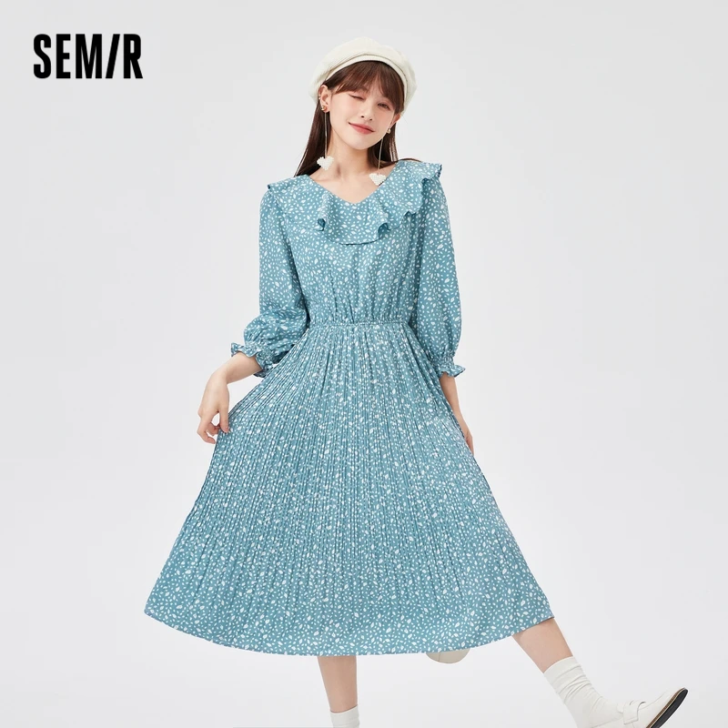 

SEMIR Women Dress Waist Slim Long Style 2021 Summer New Style Lotus Leaf Collar Autumn A-Line Pleated Dress