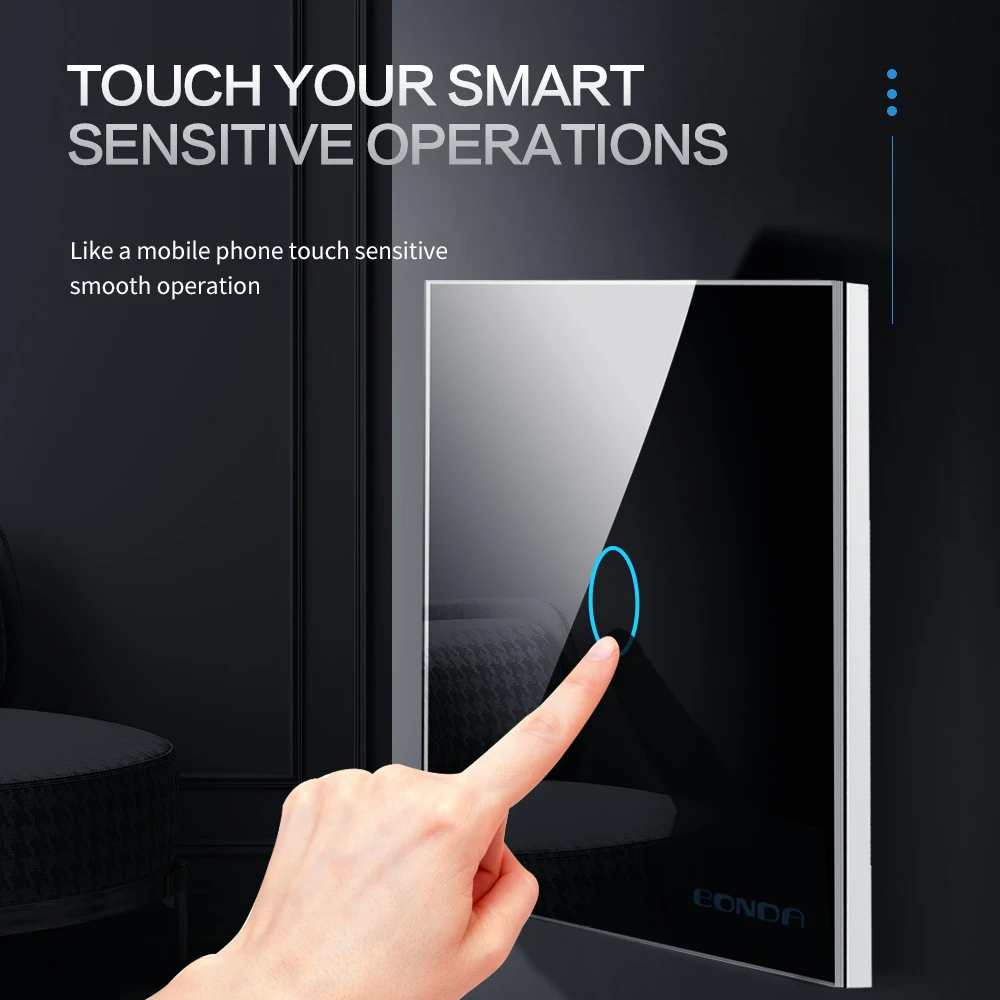 BONDA Wall Touch Switch 220V EU Standard Crystal Tempered Glass Panel 1 Way 1/2/3 Gang 4 Color Available Light Sensor Switches |