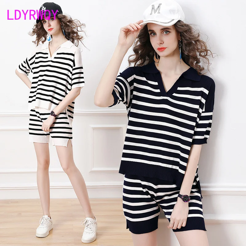 

LDYRWQY Summer new style Korean fashion striped breathable small V-neck sweater + knitted shorts two-piece suit