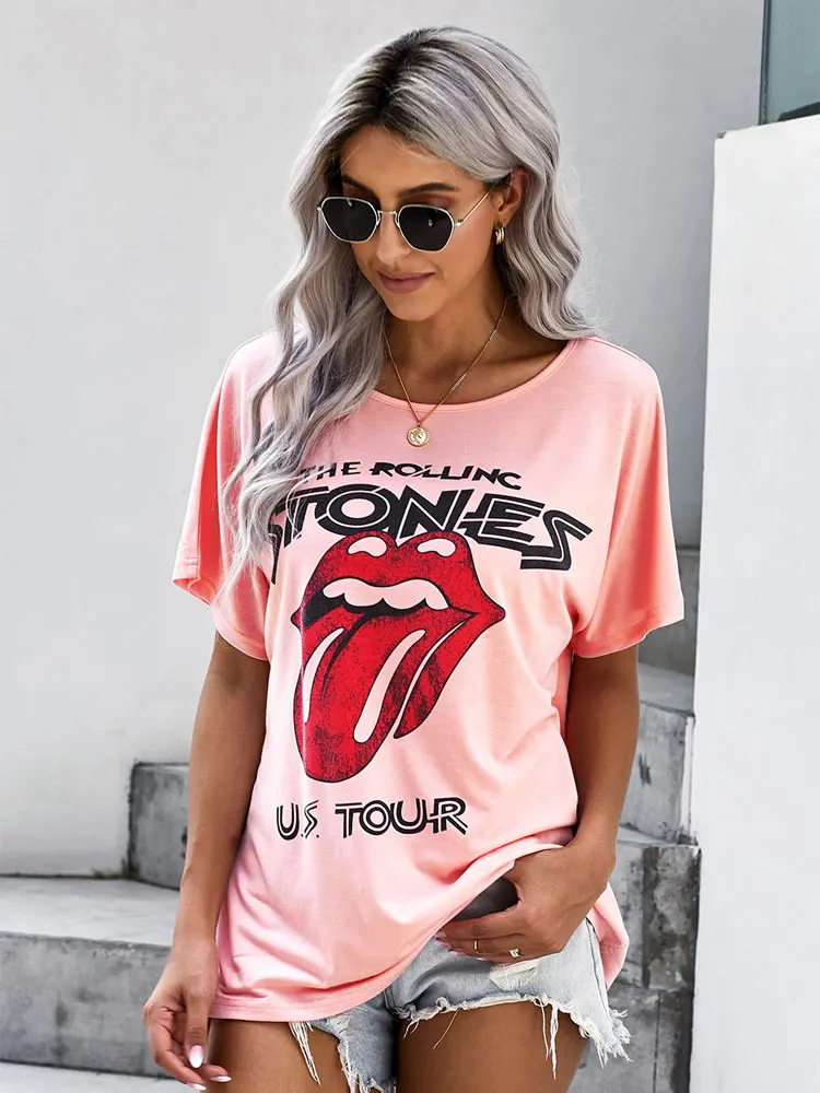 

T-shirt Women's Top Blouses Clothing Vintage Aesthetic Clothes for Teens Gothic Tops for girls Fashion lip print round neck top
