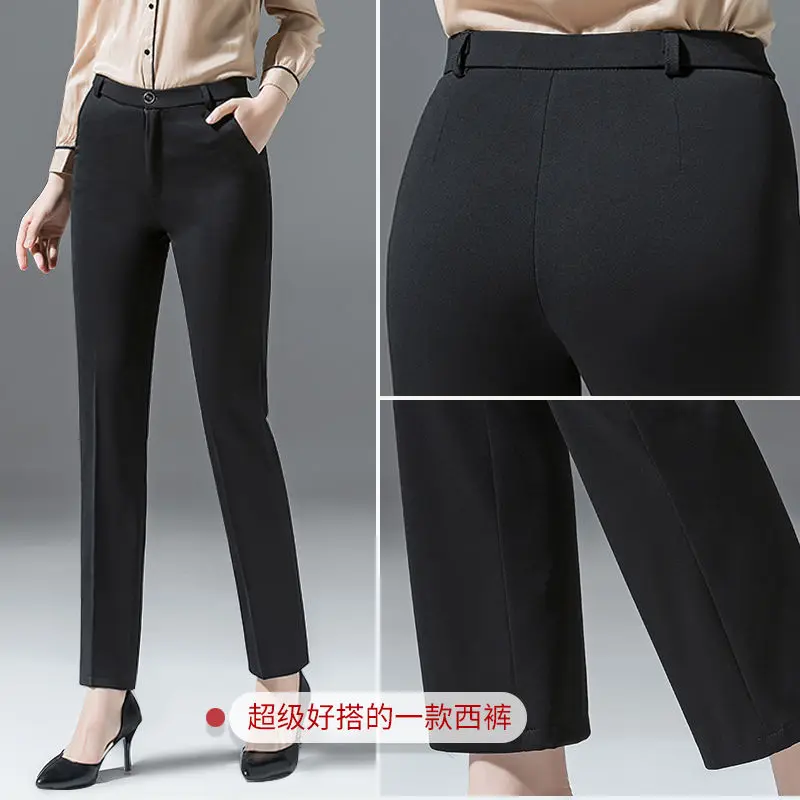 

Black Suit Pants Woman High Waist Pants Sashes Pockets Office Ladies Pants Fashion Middle Aged Black Navy Blue Pants HOWDFEO