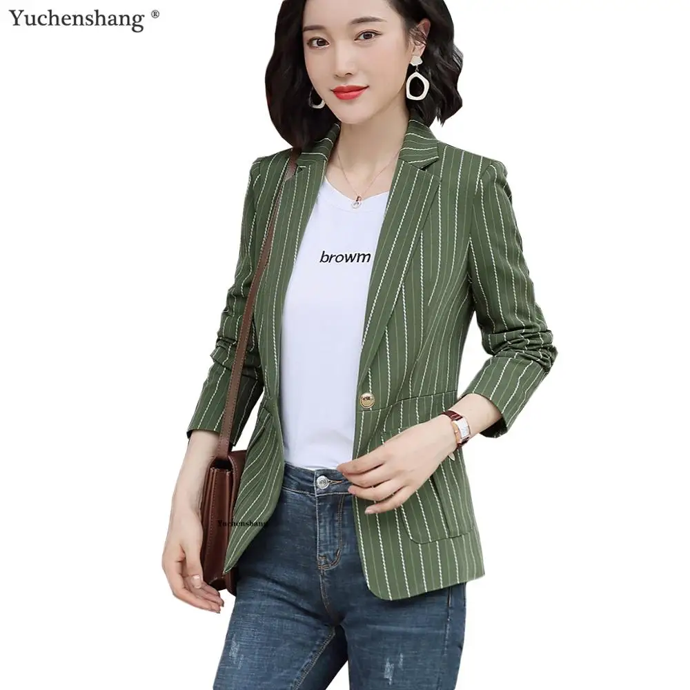 Зеленый розовый полосатый Женский блейзер с зубчатым воротником и карманами
