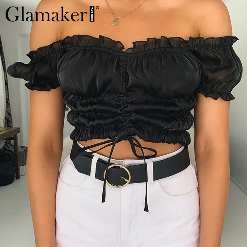 Женский плиссированный кроп-топ с открытыми плечами и оборками | Женская одежда