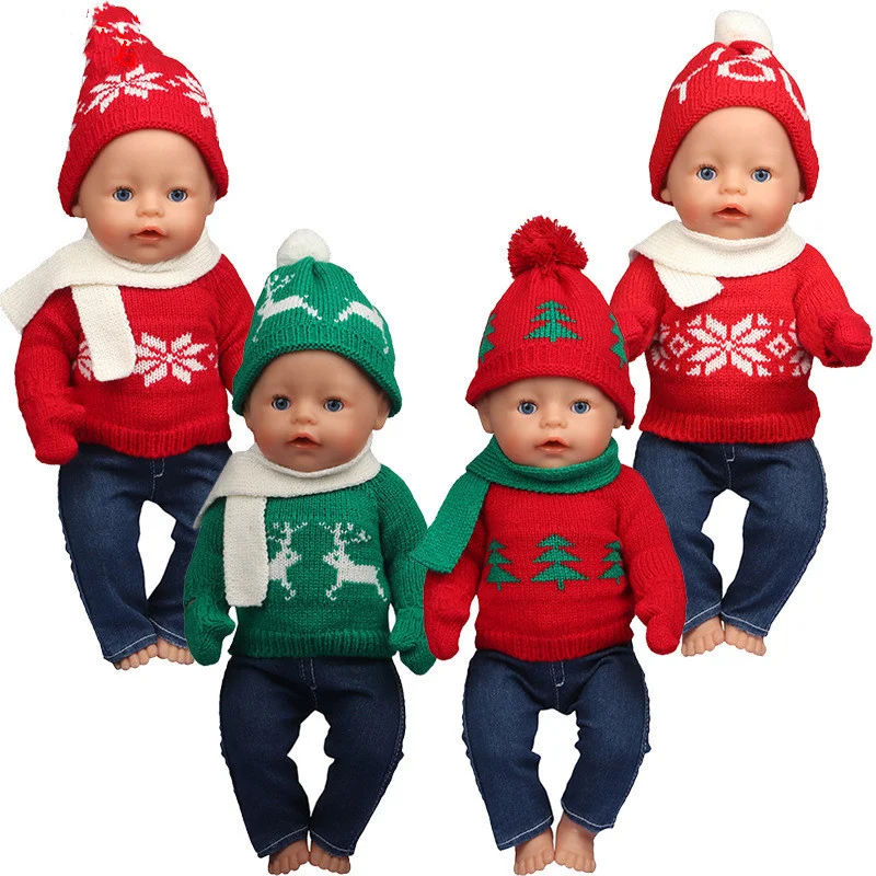 

2022 Baby New Born Fit 18 inch Doll Clothes Accessories Winter New Year Christmas Sweater 5-piece Set For Baby Birthday Gift