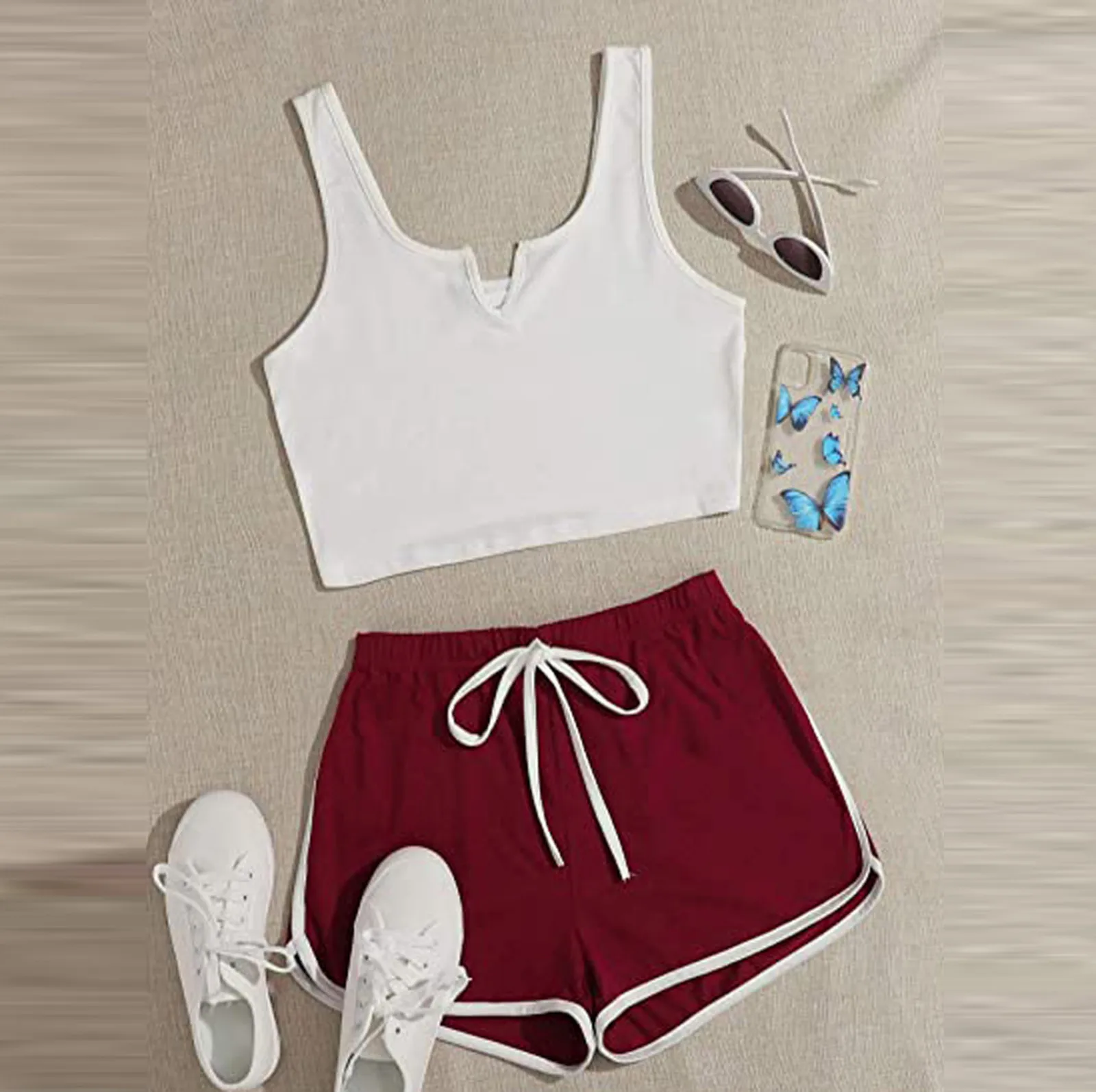 

Fashion Regular Woman Suit Two Piece Outfits Sleeveless Casual Cami Top And Shorts Set Korean Sweet Suits For Woman 2021#4